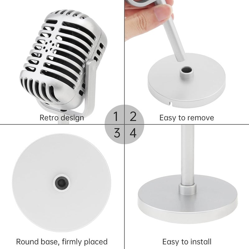 RTNLIT Retro Microphone Prop Model, Vintage Microphone Stage Table Decor with Stand, Fake Mic for Party, Jukebox Decorations (Silver) - Image 3